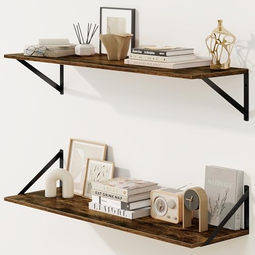 Fun Memories Deep Floating Shelves for Wall, 36W x 8D Wall Mounted Shelves Set of 2, Wide Display Ledge Shelf with Sturdy Metal Brackets for Living Room, Bathroom, Bedroom and Kitchen, Rustic Brown - color: A-rustic Brown, size: 36"W x 8"D