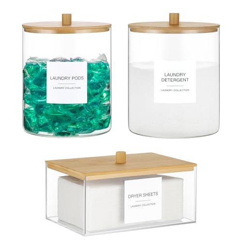 Glass Jars and Acrylic Dryer Sheet Holder, Laundry Pods Container with Bamboo Lid and 27 Labels, Powder Detergent Containers for Laundry Room Organization, Storage Jars Set (3 Pack) - color: White