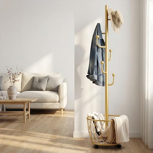 Cactus shaped Freestanding Metal Coat Rack Stand with Basket Modern Organizer for Scarf Jacket Hat Bags Ideal for Home Entryway Bedroom Corner Stable and Moveable (gold) - color: gold