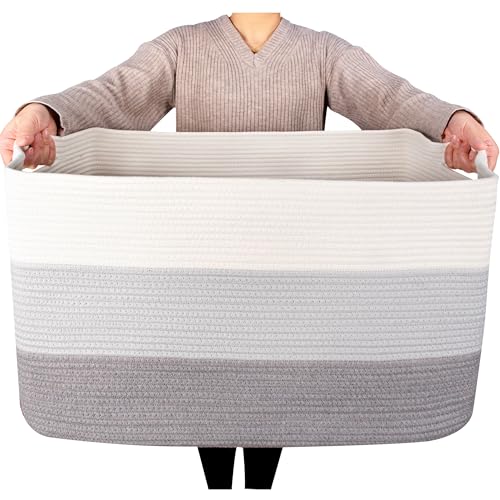 MINTWOOD Design 22in Extra Large Blanket Basket Holder Living Room, Rectangle Rope Woven Storage Basket with Handles for Laundry, Pool Towels, and Shoes, Dog Toy Organizer Bin Box, 3-Tone Light Gray - color: 3-Tone Light Gray