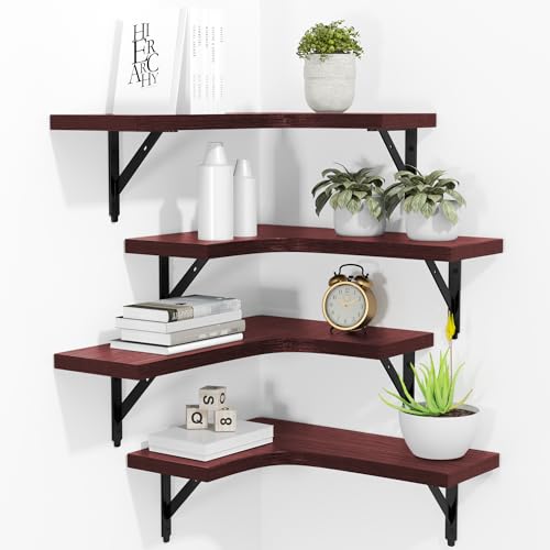 ROMGUAR CRAFT Corner Floating Shelves Wall Mounted Set of 4, Rustic Wood Storage Display Wall Shelves for Home Decor, Bathroom, Kitchen, Bedroom, Living Room, Office (Red) - color: Red