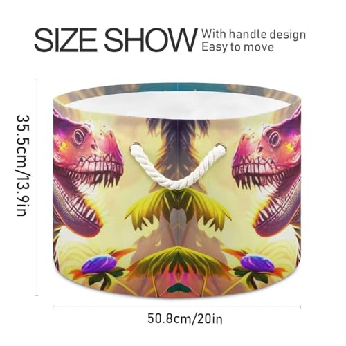 Pink Dinosaur Print Round Storage Basket Dinosaur Forest Large Laundry Hamper 20 x 20 x 14 Inches Organizer Bin with Cotton Rope Handles Clothes Storage Bag for Nursery Bedroom Living Room Decor - color: Purple and Green
