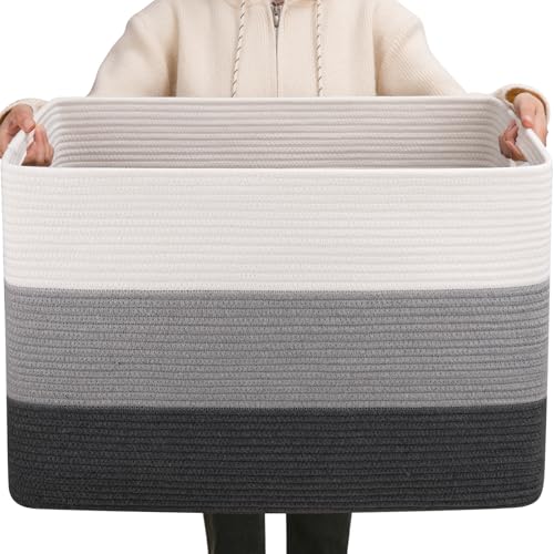 OIAHOMY 108L Super Large Blanket Basket, 25”x16”x16” Rectangle Woven Baskets for Storage, Cotton Rope Basket For Living Room, Toy Storage with Handle- Gradient Dark Grey - color: Gradient Dark Grey