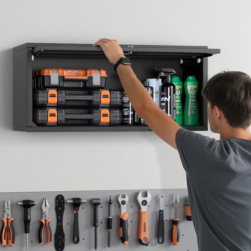 VEVOR Metal Wall Cabinet, 30.31W x 12.01D x 14.02H Inch, Floating Garage Tool Cabinet with Up-Flip Door, 120 lbs Load per Shelf, Fit for Garage, Basement, Kitchen, Warehouse, Assembly Required - style: Upgrade Flip up 14"