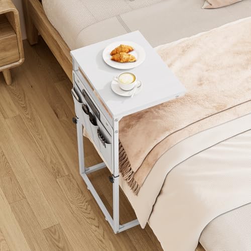 Vagusicc C Shaped End Table, 33" Tall Side Table for Couch, Adjustable Height Small Couch Side Table for Small Spaces, C Table End Table Slide Under Sofa Table TV Tray for Living Room Bedroom, White - color: White