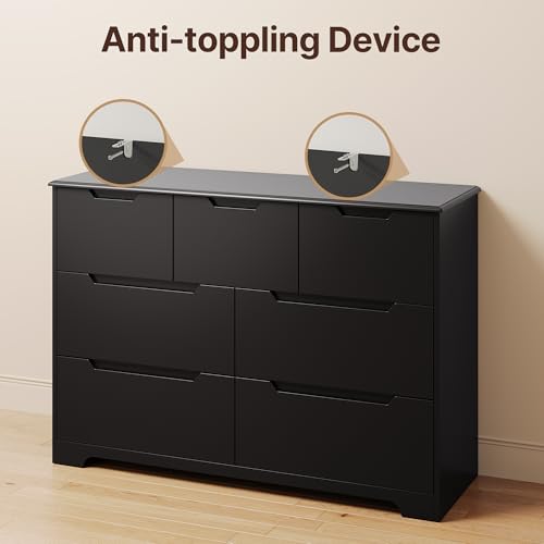 Gizoon 7 Drawer Dresser, 48" Wide Wood Chest of Drawers for Bedroom, Black Modern Storage Organizer, Handle Free Design, Living Room, Kids Room, Entryway, Hallway, Black - color: Black, size: 15.7"D x 47.2"W x 32.7"H (7 Drawers)
