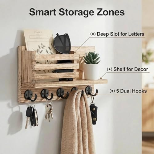 Wall Key and Mail Holder, Mail Organizer with 5 Metal Key Hooks, Selected Tung Wood, 11.8 x 6.7 inches, Includes mounting Hardware (Light Burn Color) - color: Light burn color