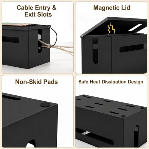 0.6mm Metal Cable Management Box Large Cable Organizer Box and Power Strip Box for Electrical Cord Hiding, Home Office Floor Cables Hider, TV Wires Storage Organization - color: Black