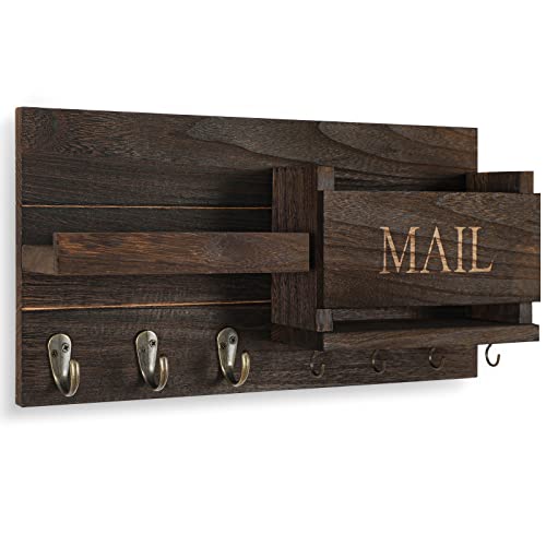 Lwenki Mail Organizer for Wall Mount – Key Holder with Shelf Includes Letter Holder and Hooks for Hallway Farmhouse Decor – Rustic Wood with Flush Mounting Hardware (16.5” x 9.1” x 3.4”) (Brown) - color: Brown