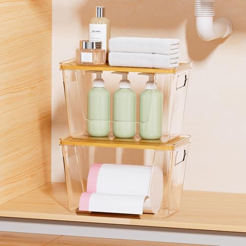 Delamu Acrylic Trash Bag Holder, 2 Pack Stackable Garbage Holder for 4-33 Gallon Bags, Clear Organizer Bins for Under Sink Organization, Pantry Storage, Cabinet, Kitchen, Laundry, Bathroom - size: XL-2 Pack