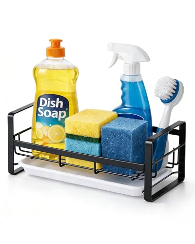 HULISEN Large Sponge Holder, 304 Stainless Steel Kitchen Soap Dispenser Caddy Organizer, Countertop Soap Dish Rack Drainer with Removable Drain Tray, not Including Dispenser and Brush, Black - color: Black, size: Large
