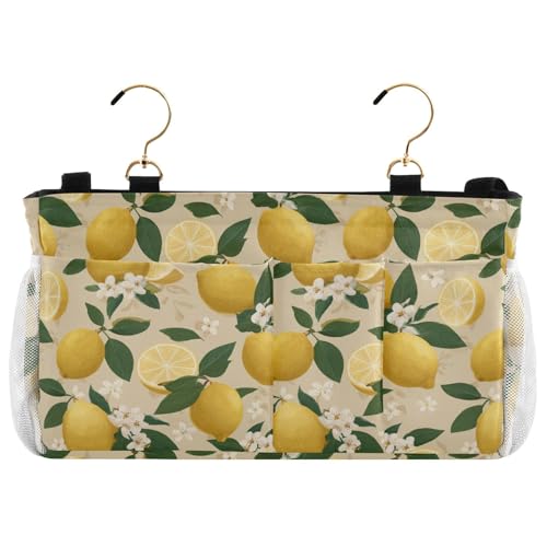 Bedside Caddy Hanging Bunk Bed Caddy Bed Organizer Hanging Pocket with 2 Hooks Bedside Storage Organizer Pocket Bag Holder Beige Lemons and Flowers - color: Beige Lemons and Flowers