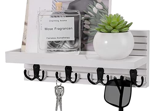 Decorative Key Hanging Rack with 4 Double Hooks – Easy Install Natural Wooden Key and Mail Holder for Wall Mount – Entryway Decor Rack with Shelf (White) - color: White