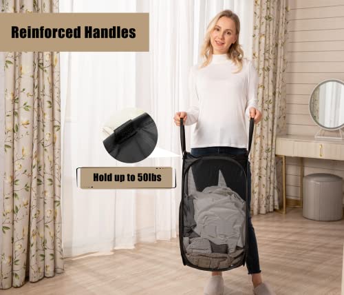 2 Pcs Strong Mesh Pop-up Laundry Hamper, Quality Pop Up Hampers for Laundry with Durable Handles Solid Bottom High Carbon Steel Frame, Easy to Open and Fold Flat for Storage(Black) - color: Black, size: 2-Pack