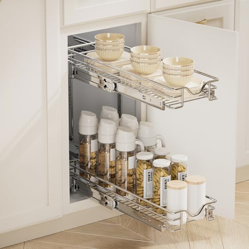 DINDON Pull Out Cabinet Organizer (7-1/2" W x 21-1/2"D), Cabinet Pull Out Shelves, 2 Tier Pull Out Drawers for Kitchen Cabinets, Wire Basket Slide Out Shelf for Cabinet Organization - size: 7-1/2"W X 21-1/2"D