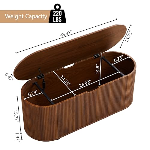 Fluted Storage Bench with 4 Wheels, 43.3” Oval Storage Chest with Safety Hinges, Modern Wooden End of Bed Bench, Large Storage Trunk Toy Chest with Lift Top for Entryway Bedroom Living Room, Walnut - color: Walnut
