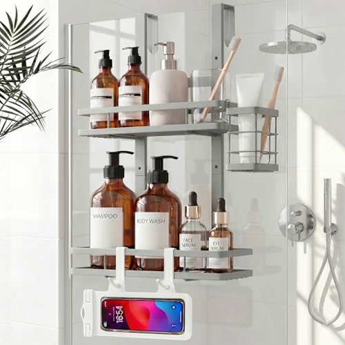 Over the Door Shower Caddy Hanging, Rustproof Shower Shelves with Waterproof Phone Pouch, 2-Tier Adjustable Bathroom Organizers and Storage, No Drilling Shampoo Soap Shelf (Silver 2-Tier) - size: Silver 2-Tier
