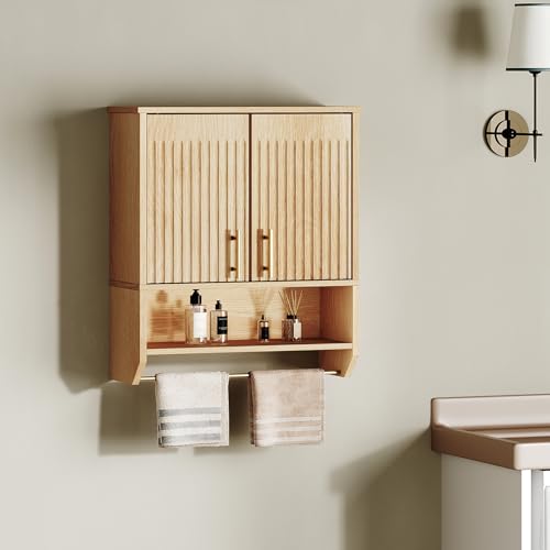 HOOBRO Narrow Bathroom Wall Cabinet with Towel Rack, Space Saving Medicine Cabinet for Small Spaces, Farmhouse Fluted Wall Storage Cabinet with Adjustable Shelf, Natural - color: Natural, size: 15.7"L x 7.9"W x 22.4"H