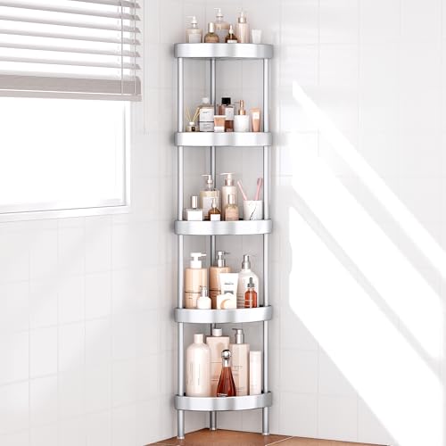 Nieifi Corner Shower Caddy Stand-5 Tier Rustproof Anodized Aluminum Standing Shower Organizer-Shower Caddy Corner-Dual Stability to Anti-Shaking-Height-Adjustable Legs for Uneven Surfaces-Silver - color: Silver, size: 5-Tier