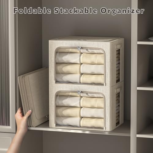 FHSQX 6 Pack Clothes Storage Bins with Metal Frame Foldable Storage Bins for Clothes Linen Fabric Storage Box with Clear Window (Beige, 15.7x11.8x7.8inch(22L)) - color: Beige, size: 15.7x11.8x7.8inch(22L)