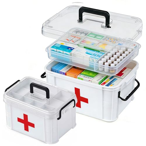 2 Pack Clear Medicine Organizer Box with Handle, Plastic Medicine Container with Tray First Aid Box Empty, Thickened Medicine Storage Organizer Multipurpose Medication Organizer Storage, White - color: White-2Pack