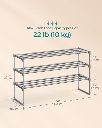 SONGMICS Shoe Rack, 3-Tier Shoe Organizer, Metal Storage Shelf, Upright or Upside Down, for 16-20 Pairs, Stackable, for Entryway, 11.8 x 36.2 x 21.7 Inches, Gray ULSA303G01 - color: Grey, size: 3 Tiers (36.2"W)