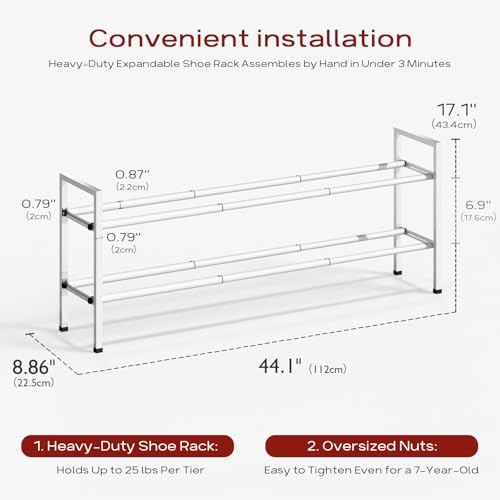 Bumusty 2-Tier Long Expandable Shoe Rack for Closet, 18"-44" Adjustable Shoe Rack for Entryway, 10-12 Pairs Large Shoe Organizer Shelf Storage, Sturdy Metal, White - color: White, size: 2-Tier