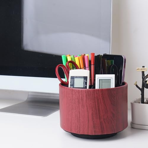 Round Leather Art Supply Organizer,Remote Control Holder,360 Degree Spinning,Multi-Functional Pencil Holder,4 Compartments Desktop Stationary Organizer(1-Thin Wood Red Brown) - color: 1-Thin Wood Red Brown