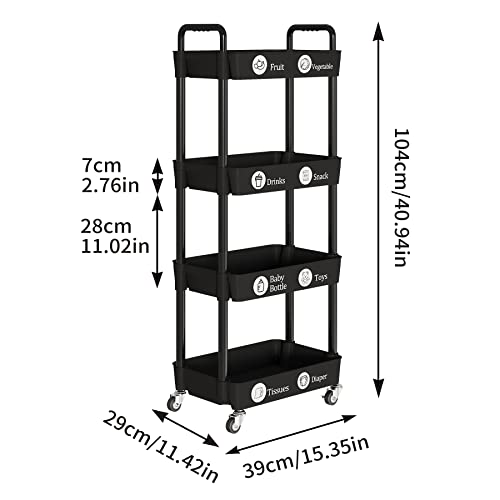 Laiensia 4-Tier Rolling Cart with Wheels,Multifunction Utility Storage Carts, Kitchen Storage Organizer,Mobile Shelving Unit for Bathroom,Laundry,with Classified Stickers,Black - color: Black, size: 4-Tier