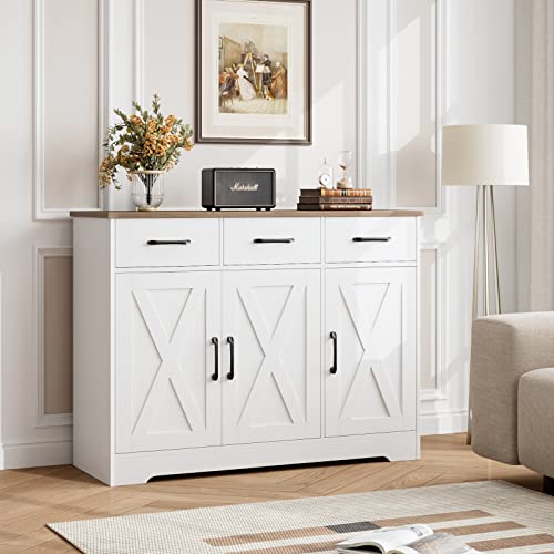 HOSTACK Modern Farmhouse Sideboard Buffet Cabinet, Barn Doors Buffet Storage Cabinet with Drawers and Shelves, Wood Coffee Bar with Storage for Kitchen, Dining Room, Living Room, White - color: White