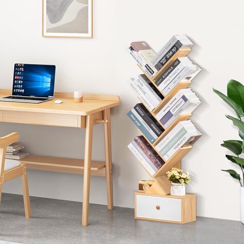 SHEEPAM 8 Tier Tree Bookshelf with Drawer, Free Standing Wood Bookcase for Narrow Space, Storage Organizer Bookshelves for Books, Book Case for Home Office, Living Room, Bedroom - Natural - color: Natural, size: 8 Tier