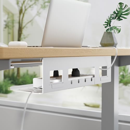 PEGZONE Under Desk Cable Management Tray, 15.7 Inches Metal Cord Organizer Rack, Desk Tray for Power Strip, Cord, Wire, Easy Mounting Cable Management Under Table for Home Office, White - color: White, size: 15.7"