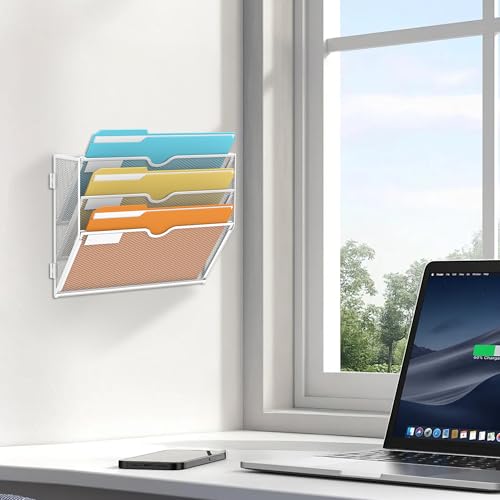 SUPEASY 3-Tier Wall File Organizer, Hanging Wall Mounted Mail Organizer with Label Slots, Metal Mesh File Holder Magazine Rack for Office, Home, School or Classroom, White - color: White, size: 3-Tier