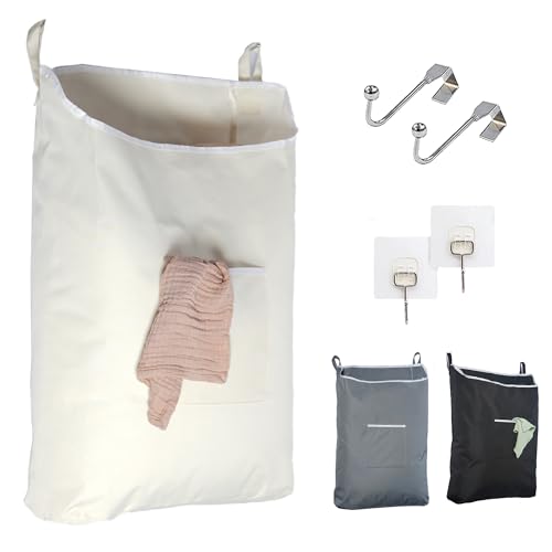 The Fine Living Co. Hanging Laundry Hamper with Over Door Hooks & Adhesive, Durable Space Saving Laundry Bag with Zipper and Wide Open Top, Hanging Dorm Laundry Hamper 18"x4.75"x28" (Beige-L) - color: Beige-L, size: Large