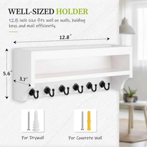 Nekon Key Holder Wall Mount, 12.8" W x 5.6" H x 3.7" D Wall Mounted Key and Mail Organizer with 6 Key Hooks, Key Racks for Home Entryway Decor (White) - color: White