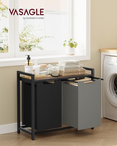 VASAGLE Laundry Hamper, Laundry Basket, Laundry Sorter with 2 Pull-Out and Removable Bags, Shelf, Metal Frame, 2 x 12.1 Gallons (46 L), 28.8 x 13 x 28.4 Inches, Bicolor and Rustic Brown UBLH201X01 - color: Bicolor + Rustic Brown, size: 2 Bags - 92 L