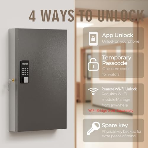 WeHere 192 Key Lock Box Wall Mount, APP Bluetooth/OTP/Wi-Fi/Fixed Code/Key Unlock, Smart Key Cabinet with Key Tag, Key Organizer Holder Box, Key Management Directory for Office, Valet, Realtor, Hotel - size: 192 Key Box (Smart)