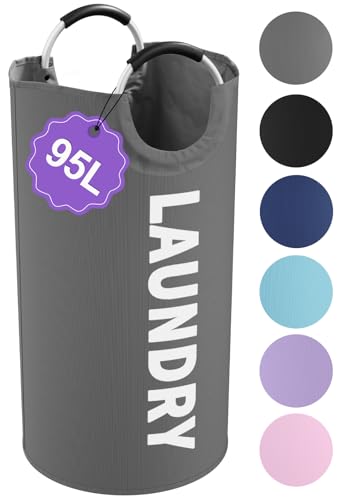 Collapsible Laundry Basket with Handles, 95L Large Laundry Hamper for Bedroom, Dirty Clothes Hamper Stand Up Well, Portable Storage Basket for Famliy, Travel, Dark Grey - color: Dark Grey, size: L-95L