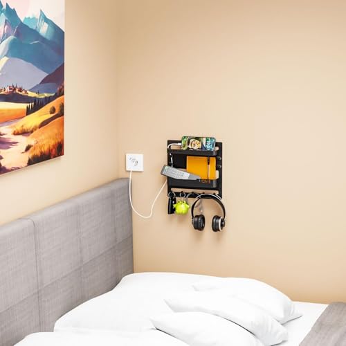 SuoXing Bedside Shelf Wall Mount and Wall Nightstand for Bedroom,Rv,Dorm Room,Bedside Wall Organizer for Phone Holder,Wall Mount Shelf Organizer for Charging Station and Remote Control Holder,Black - color: Black