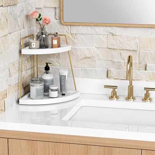Forbena Corner Bathroom Counter Organizer, 2 Tier Bathroom Organizer Countertop, Small Bathroom Sink Top Trays Corner Shelf Stand for Makeup Vanity Perfume Skincare Decor Storage (White and Gold) - color: Gold-white