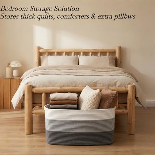 Optish 95L Large Blanket Basket, Woven Storage Baskets with Reinforced Handles, Rope Laundry Basket for Living Room, Bedroom, Nursery, Toys, Clothes, Pillows, 24” x 17” x 13.5”, White & Grey - color: White & Grey, size: 24" x 17" x 13.5"(95L)