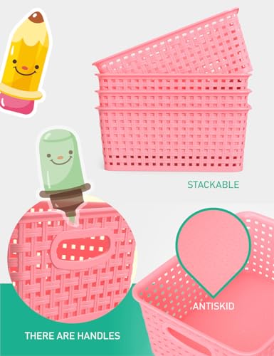 WYT 6-Pack Plastic Small Shelf Storage Weave Baskets Organizing for Cabinets and Pantries, Pink - color: Pink, size: 6-Pack