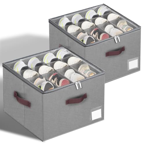 Shoe Organizer for Closet, 2 Pack Large Shoe Box Storage Containers,Shoe Storage Bins Fits 12-16 Pairs，Space Saving Shoe Organizers Bins with Clear Lids and Handles,Grey - color: Grey