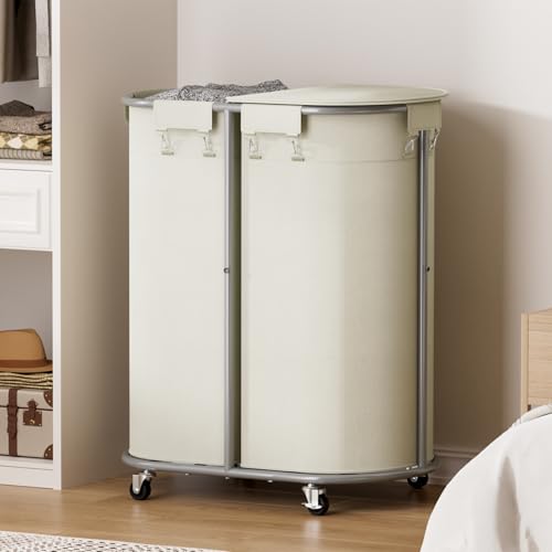 200L Double Laundry Hamper with Lid and Wheels, Large Oval Rolling Laundry Basket 2 section, Sturdy Metal Laundry Cart with 2 Removable Bags, Dirty Clothes Organizer for Home, Dorm, Beige - color: Beige, size: 200L(24.8"L x 16.9"W x 31.5"H)
