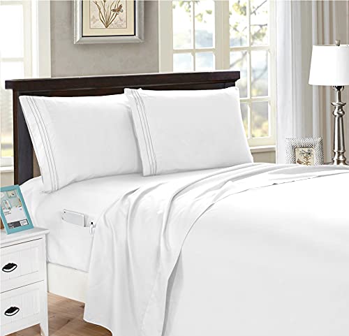 Elegant Comfort 4-Piece Solid Smart Sheet Set-Deep Pocket Fitted Sheet with Side Storage Pockets-Silky Soft 1500 Thread Count Egyptian Quality Microfiber, Wrinkle and Fade Resistant, Twin XL, White - color: White, size: Twin XL