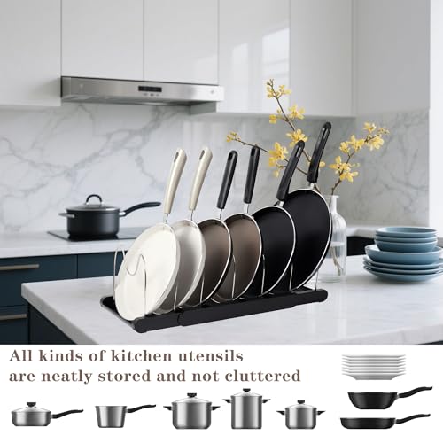 Expandable Pot and Pan Organizer Rack with 7 Stainless Steel Adjustable Shelves, for Neatly Storing Cookware, Pots, Pans, Lid (Style 2) - color: black