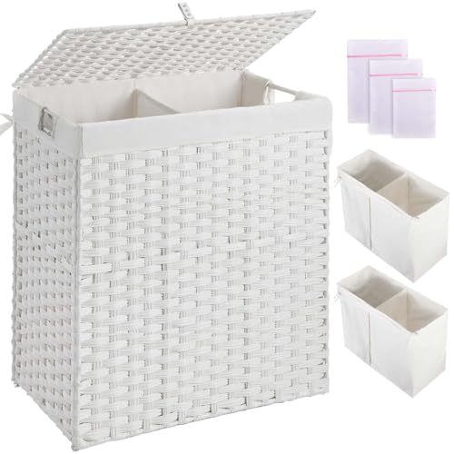 Greenstell Laundry Hamper with lid, No Install Needed, 110L Wicker Laundry Baskets Foldable 2 Removable Liner Bags, 2 Section Clothes Hamper Handwoven Rattan Laundry Basket with Handles, White - color: White, size: 110L (22.2x13.3x24.0 Inches)