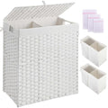 Greenstell Laundry Hamper with lid, No Install Needed, 110L Wicker Laundry Baskets Foldable 2 Removable Liner Bags, 2 Section Clothes Hamper Handwoven Rattan Laundry Basket with Handles, White - color: White, size: 110L (22.2x13.3x24.0 Inches)
