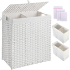 Greenstell Laundry Hamper with lid, No Install Needed, 110L Wicker Laundry Baskets Foldable 2 Removable Liner Bags, 2 Section Clothes Hamper Handwoven Rattan Laundry Basket with Handles, White - color: White, size: 110L (22.2x13.3x24.0 Inches)