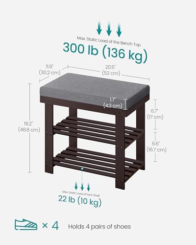 SONGMICS Bamboo Shoe Bench, 3-Tier Shoe Rack Organizer for Entryway, Living Room, Bench Seat Holds Up to 300 lb, 11.9 x 20.5 x 19.2 Inches, Rustic Walnut and Slate Gray ULBS504M01 - color: Rustic Walnut + Slate Gray, size: 20.5"W